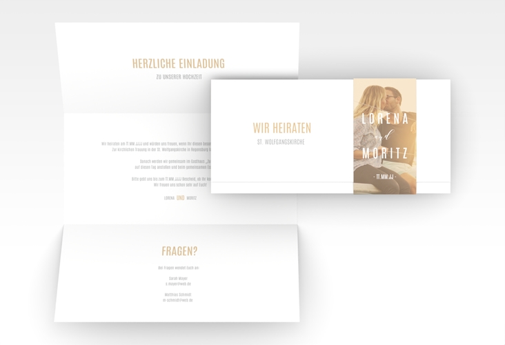 Hochzeitseinladung Memory Wickelfalzkarte + Banderole beige hochglanz