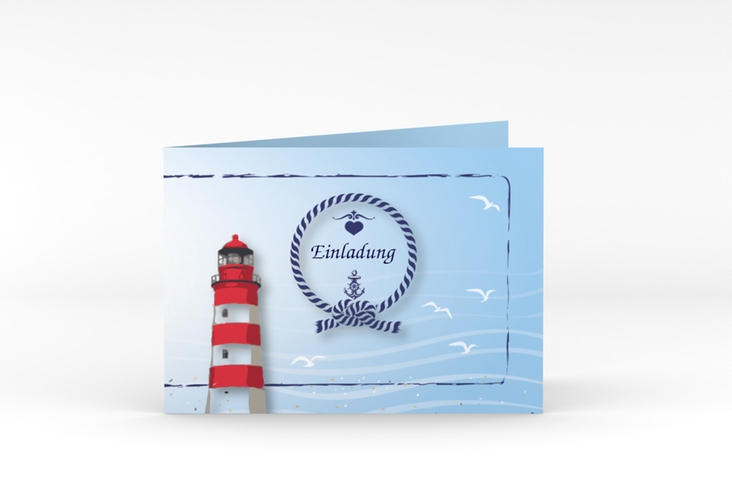 Hochzeitseinladung Sylt A6 Klappkarte quer blau mit Leuchtturm