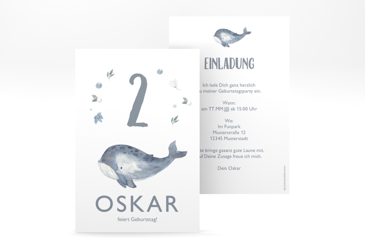 Einladungskarte Kindergeburtstag "Walfisch" A6 Karte hoch weiss mit niedlichem Wal in Aquarell