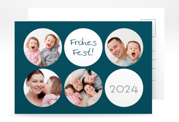 Weihnachtskarte Joy A6 Postkarte blau mit runden Fotos