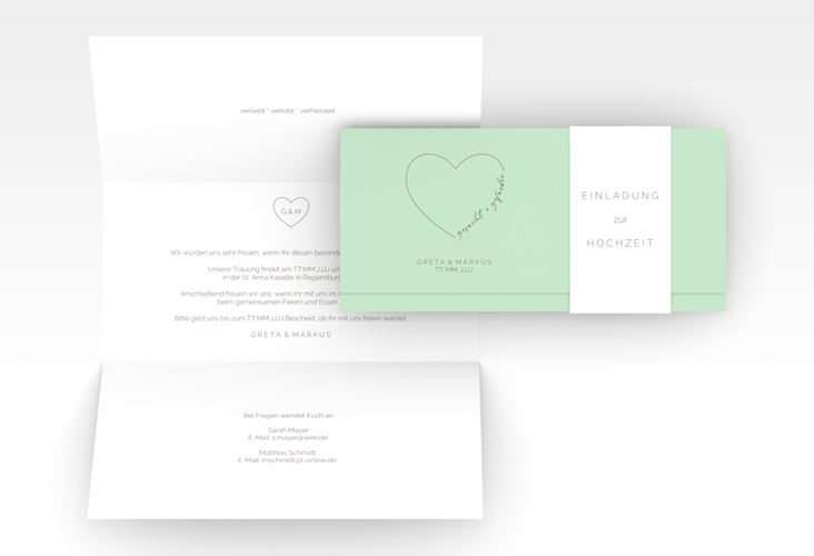 Hochzeitseinladung Lebenstraum Wickelfalzkarte + Banderole mint