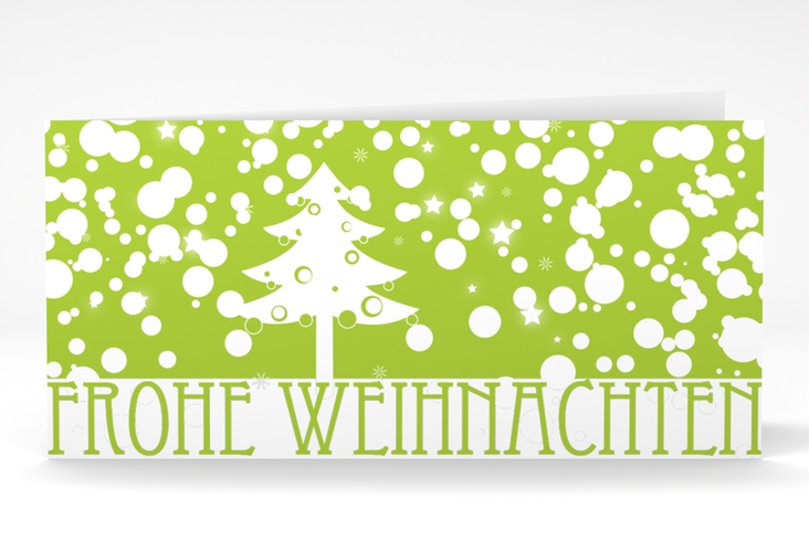 Business-Weihnachtskarte Schneeweiss lange Klappkarte quer mit Art Déco Schriftzug und Winterlandschaft