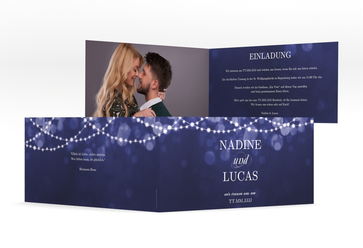 Hochzeitseinladung Lichtspiel lange Klappkarte quer blau