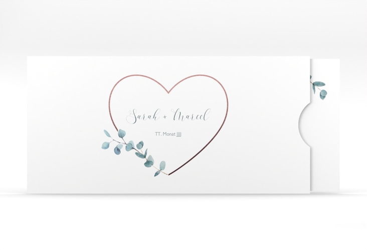 Hochzeitseinladung Greenheart Einsteckkarte rosa mit elegantem Herz und Eukalyptus-Zweig