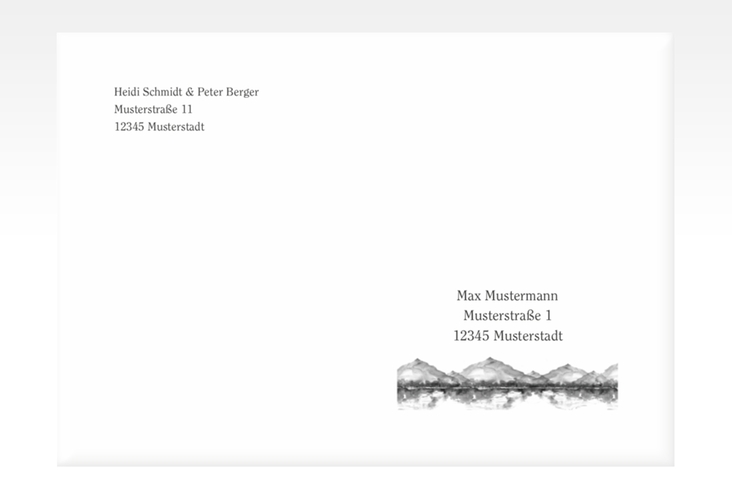 Kuvert C6 Bergliebe DIN C6 grau mit Gebirgspanorama für Berghochzeit