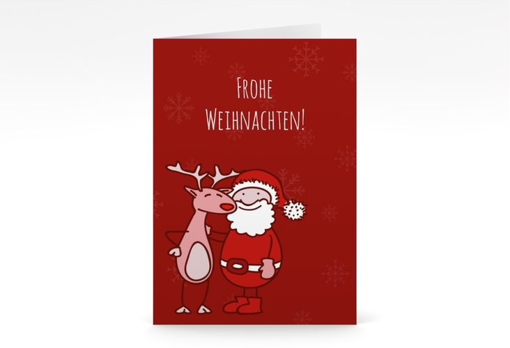 Weihnachtskarte Cartoon A6 Klappkarte hoch hochglanz lustig mit Rentier Rudolph und Weihnachtsmann