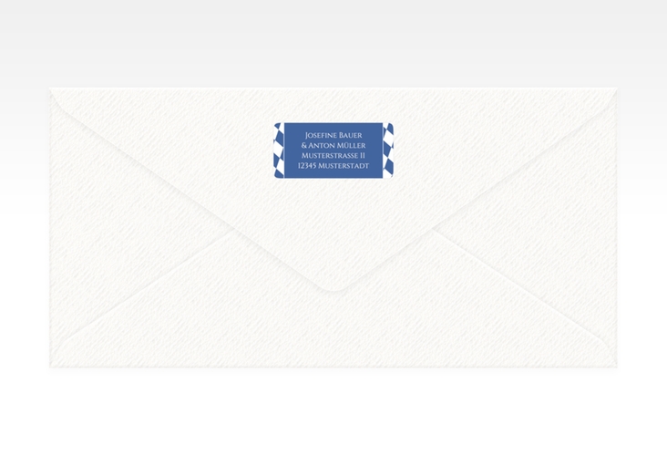 Absenderetikett Hochzeit Bayrisch 45,7 x 21,2 mm blau mit weiß-blauen Rauten und Brezel in Herzform