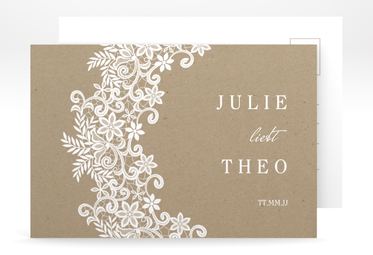 Antwortkarte Hochzeit Mariage A6 Postkarte Kraftpapier mit Bogen aus weißer Spitze