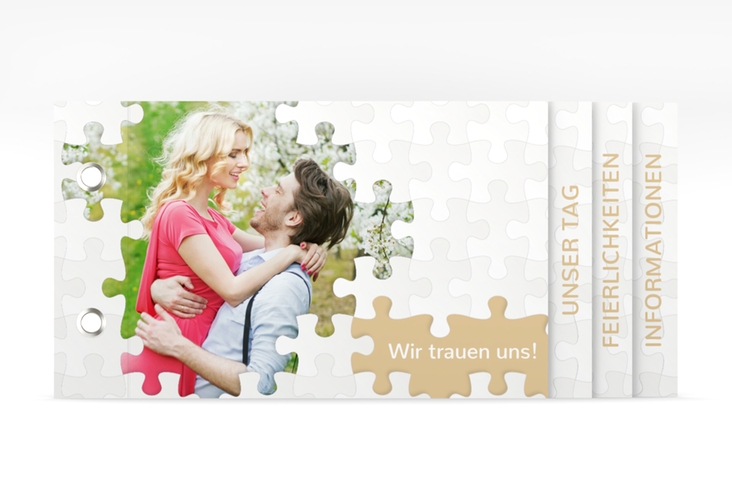 Hochzeitseinladung Puzzle Booklet beige hochglanz