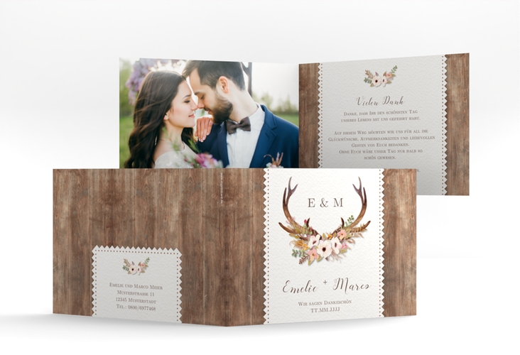 Danksagungskarte Hochzeit Heimatjuwel A6 Klappkarte quer braun hochglanz mit Hirschgeweih und Holz-Hintergrund