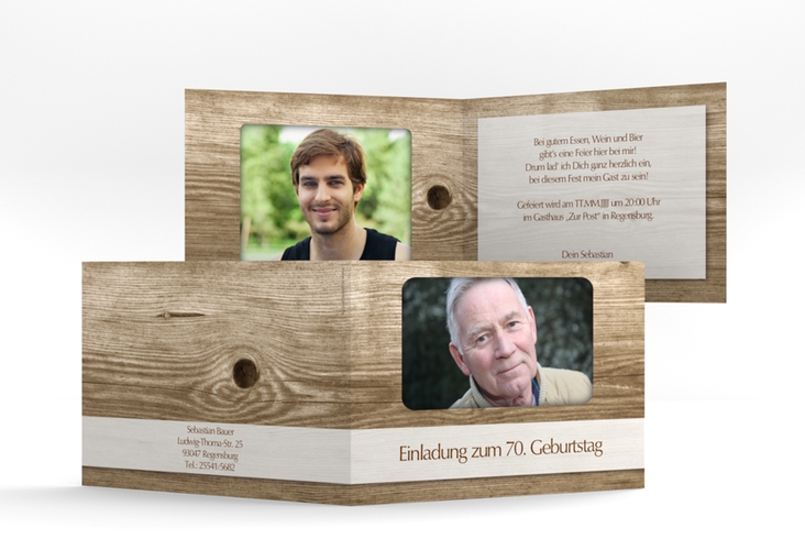 Einladung 70. Geburtstag Michael/Michaela A6 Klappkarte quer im rustikalen Holz-Design mit Foto