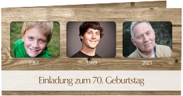Einladung 70. Geburtstag Michael/Michaela lange Klappkarte quer im rustikalen Holz-Design mit Foto