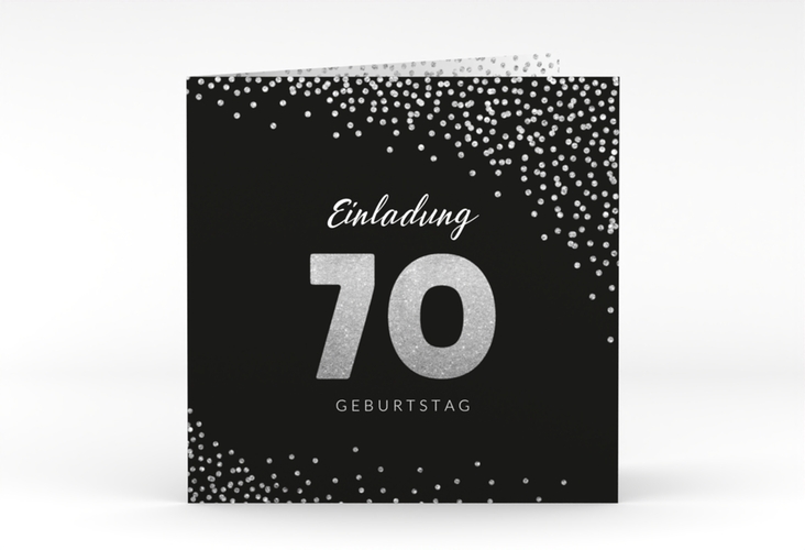 Einladung 70. Geburtstag Glitzer quadr. Klappkarte grau