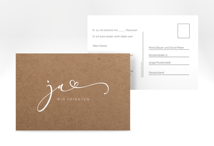 Antwortkarte Hochzeit Jawort A6 Postkarte Kraftpapier hochglanz modern minimalistisch mit veredelter Aufschrift