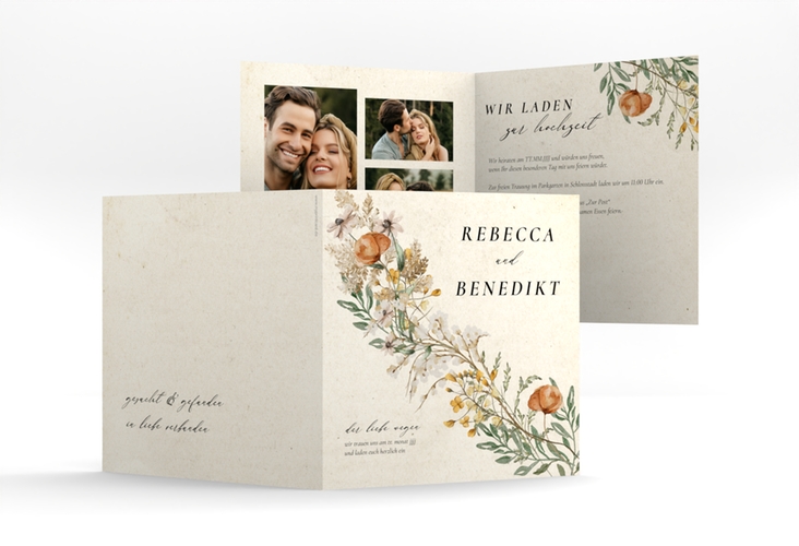 Hochzeitseinladung Wildfang quadr. Klappkarte beige mit getrockneten Wiesenblumen
