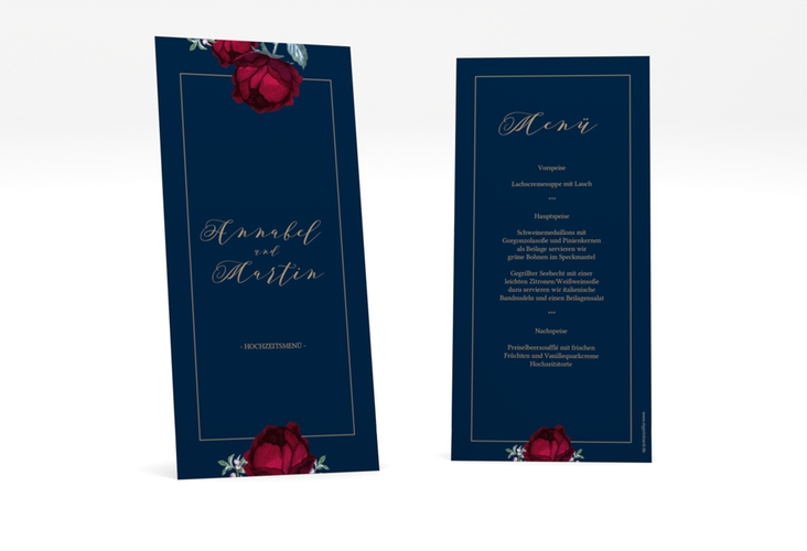 Menükarte Hochzeit Peonies lange Karte hoch blau elegant mit Pfingstrosen