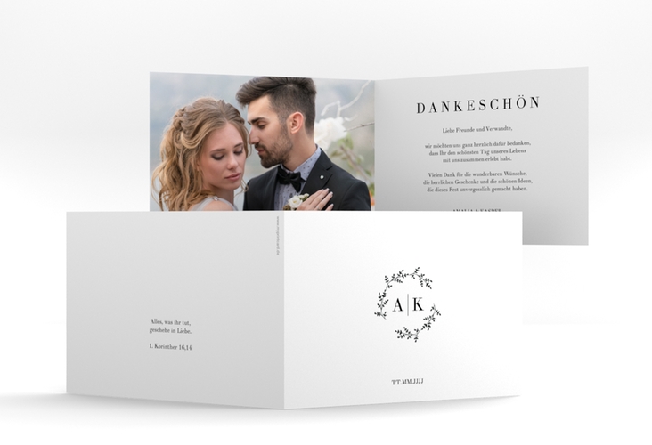 Dankeskarte Hochzeit Filigrana A6 Klappkarte quer schwarz hochglanz in reduziertem Design mit Initialen und zartem Blätterkranz