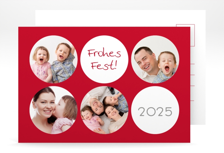 Weihnachtskarte Joy A6 Postkarte rot hochglanz mit runden Fotos