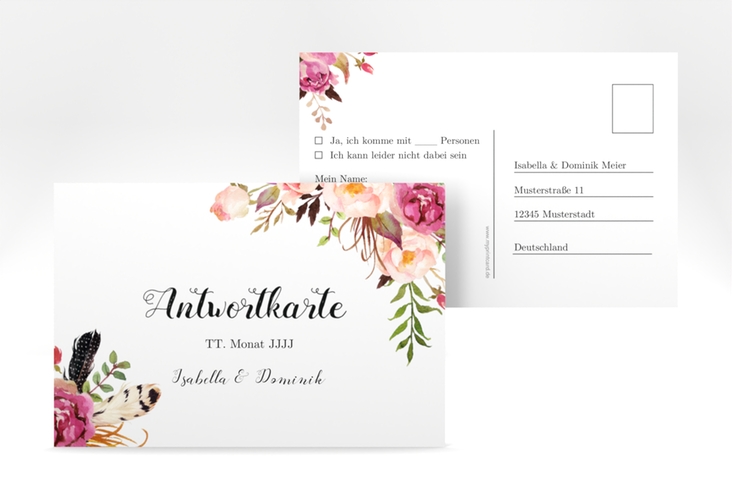Antwortkarte Hochzeit Flowers A6 Postkarte weiss hochglanz mit bunten Aquarell-Blumen