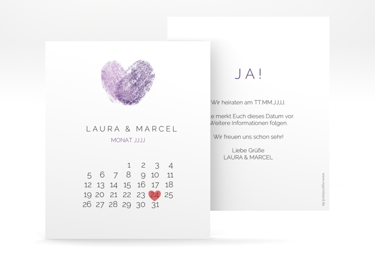 Save the Date-Kalenderblatt Fingerprint Kalenderblatt-Karte lila hochglanz schlicht mit Fingerabdruck-Motiv