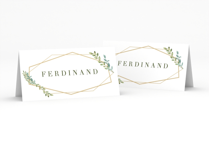Tischkarte Hochzeit Herbarium Tischkarten gold mit geometrischem Rahmen und Blätter-Dekor