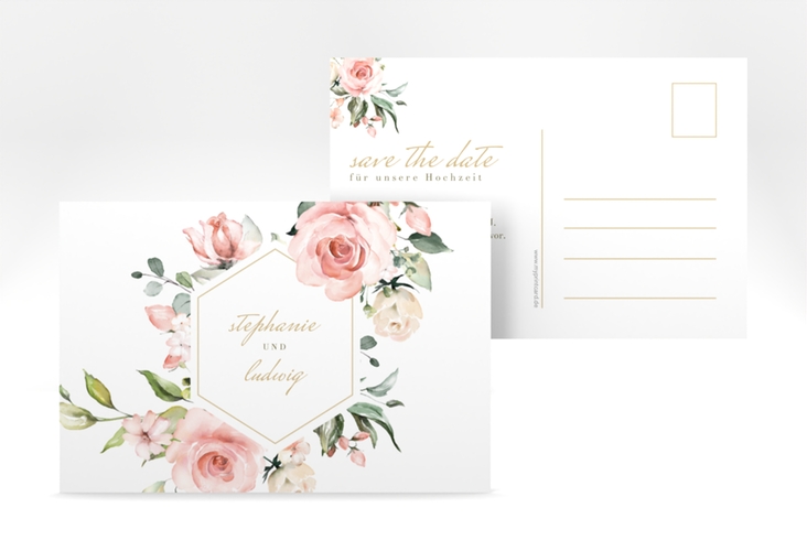Save the Date-Postkarte Graceful A6 Postkarte weiss mit Rosenblüten in Rosa und Weiß