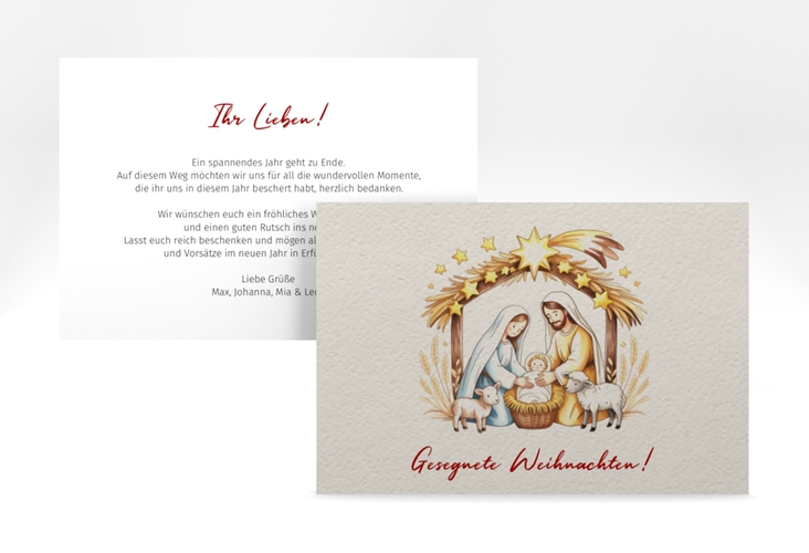 Weihnachtskarte Weihnachtskrippe A6 Karte quer beige für Weihnachtsgrüße mit Familienfoto