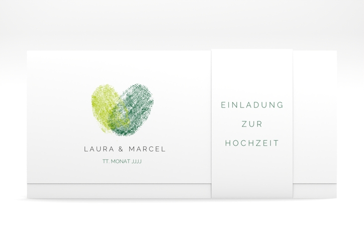 Hochzeitseinladung Fingerprint Wickelfalzkarte + Banderole gruen schlicht mit Fingerabdruck-Motiv