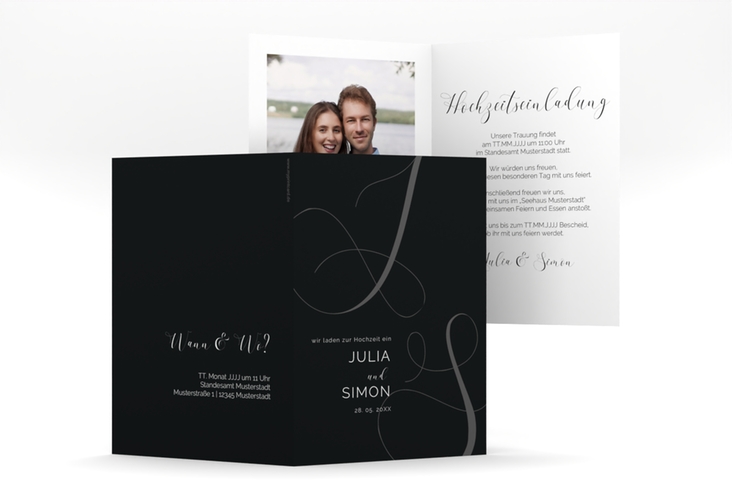 Hochzeitseinladung Eheschließung A6 Klappkarte hoch schwarz hochglanz mit Gräsern und Trockenblumen für Boho-Hochzeit