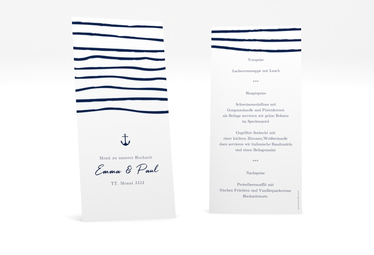 Menükarte Hochzeit Liebesanker lange Karte hoch mit maritimem Streifenmuster und kleinem Anker