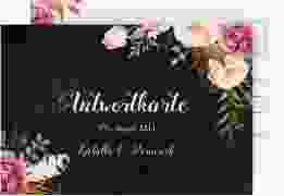 Antwortkarte Hochzeit Flowers A6 Postkarte schwarz mit bunten Aquarell-Blumen