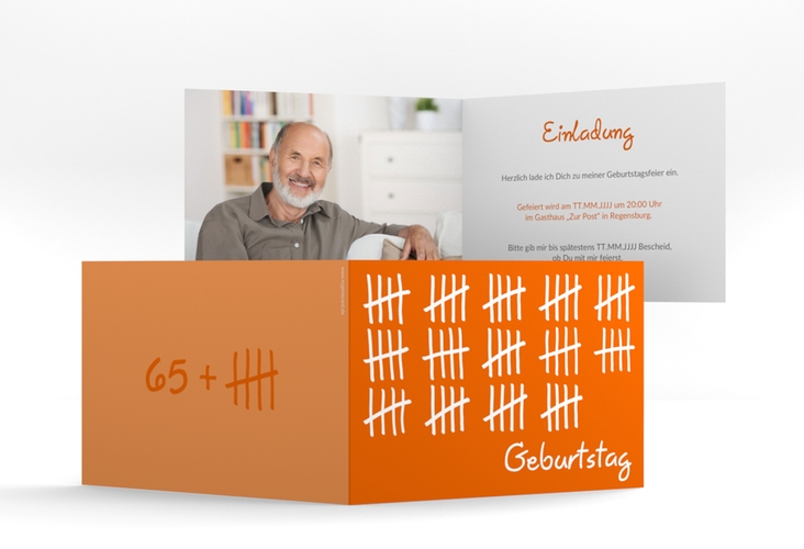 Einladung 70. Geburtstag Strichliste A6 Klappkarte quer orange hochglanz