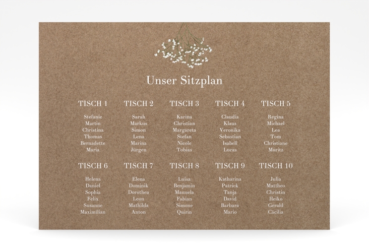 Sitzplan Poster Hochzeit Schleierkraut 70 x 50 cm Poster Kraftpapier