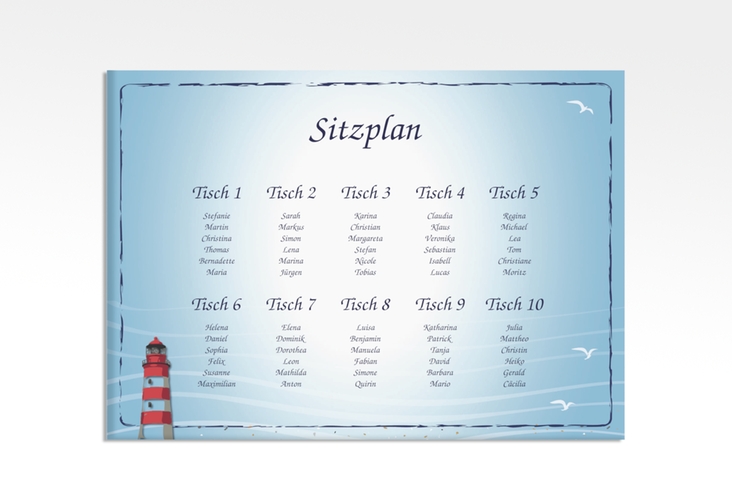 Sitzplan Leinwand Hochzeit Sylt 70 x 50 cm Leinwand blau mit Leuchtturm