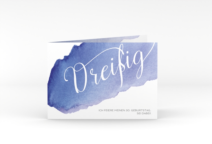 Einladung 30. Geburtstag Aquarell A6 Klappkarte quer blau