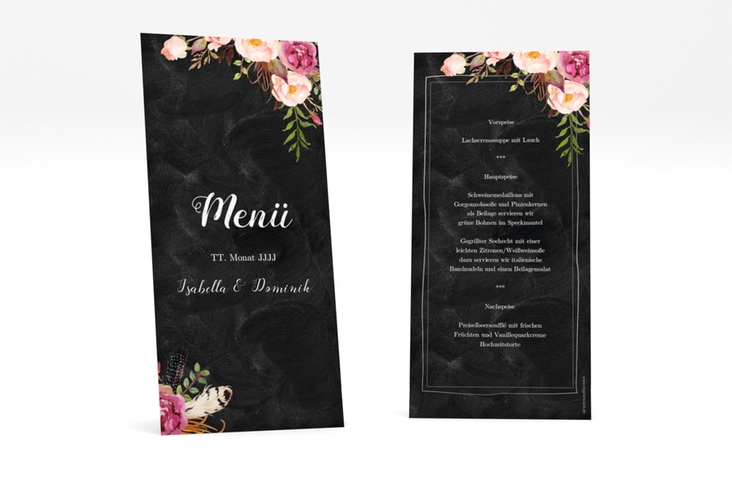 Menükarte Hochzeit Flowers lange Karte hoch schwarz hochglanz mit bunten Aquarell-Blumen