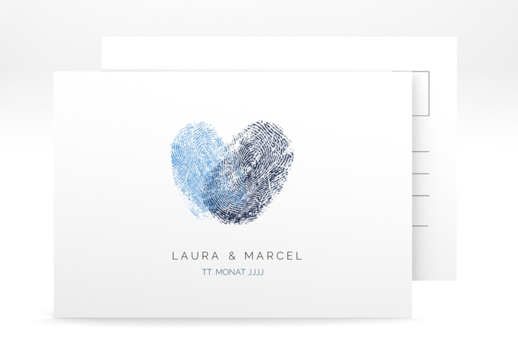 Verlobungskarte Hochzeit Fingerprint A6 Postkarte blau schlicht mit Fingerabdruck-Motiv