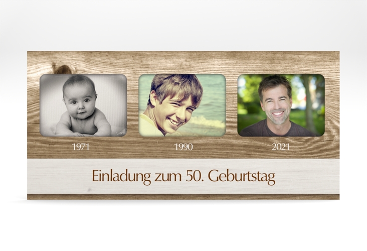 Einladung 50. Geburtstag Michael/Michaela lange Karte quer hochglanz im rustikalen Holz-Design mit Foto