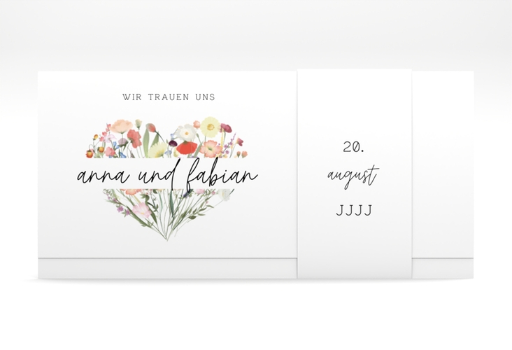 Hochzeitseinladung Wildblumenherz Wickelfalzkarte + Banderole bunt hochglanz