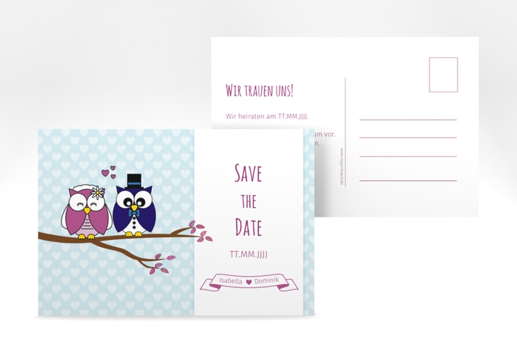 Save the Date-Postkarte Eulenliebe A6 Postkarte blau
