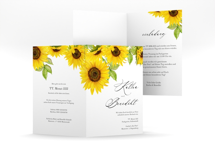 Einladungskarte Hochzeit Sonnenblume A6 Klappkarte hoch weiss mit Blüten in Gelb