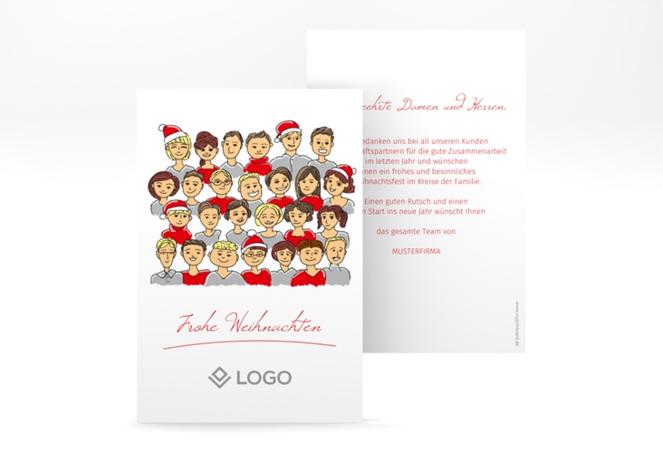 Geschäftliche Weihnachtskarte "Team" A6 hoch und weiß mit Team-Illustration