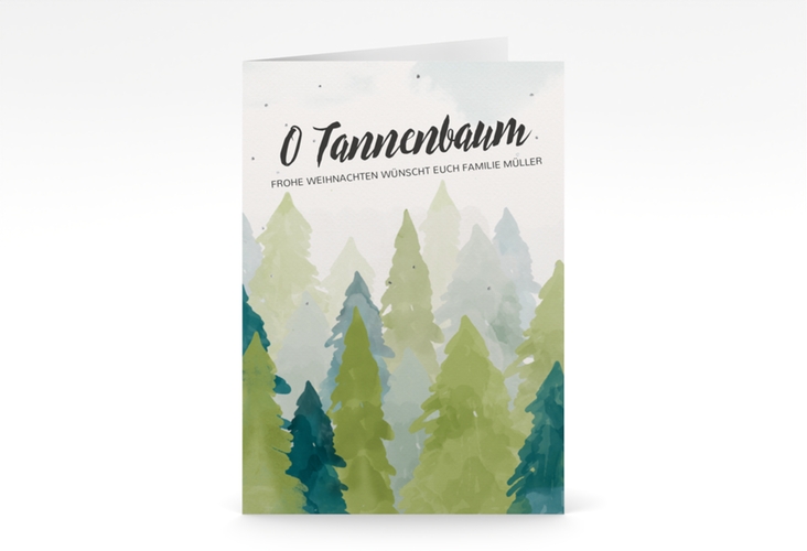 Weihnachtskarte Tannenwald A6 Klappkarte hoch hochglanz mit Tannenbaum-Design in Grün