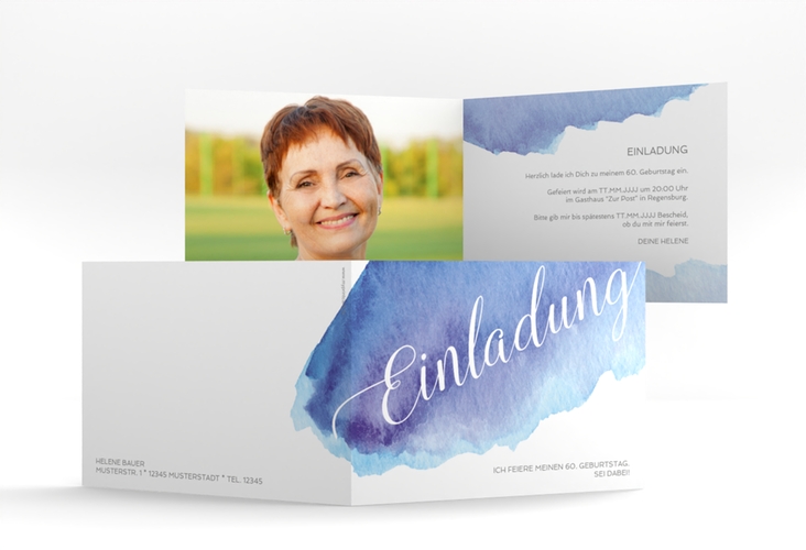 Einladung Geburtstag Aquarell A6 Klappkarte quer blau