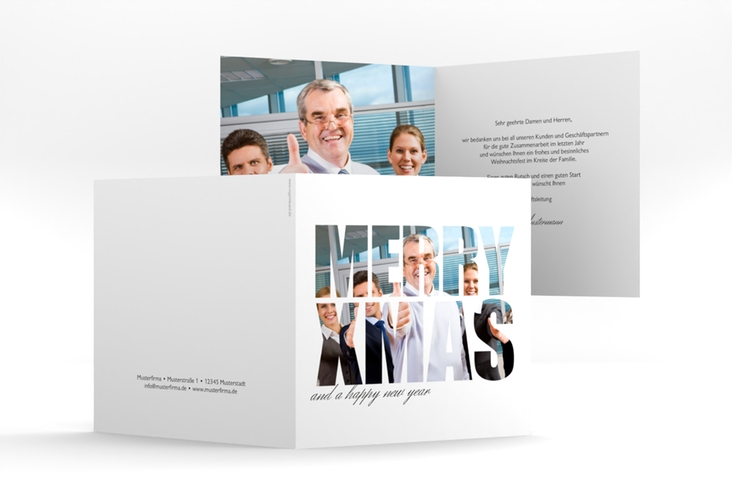 Business-Weihnachtskarte Xmas quadr. Klappkarte weiss hochglanz modern mit Foto