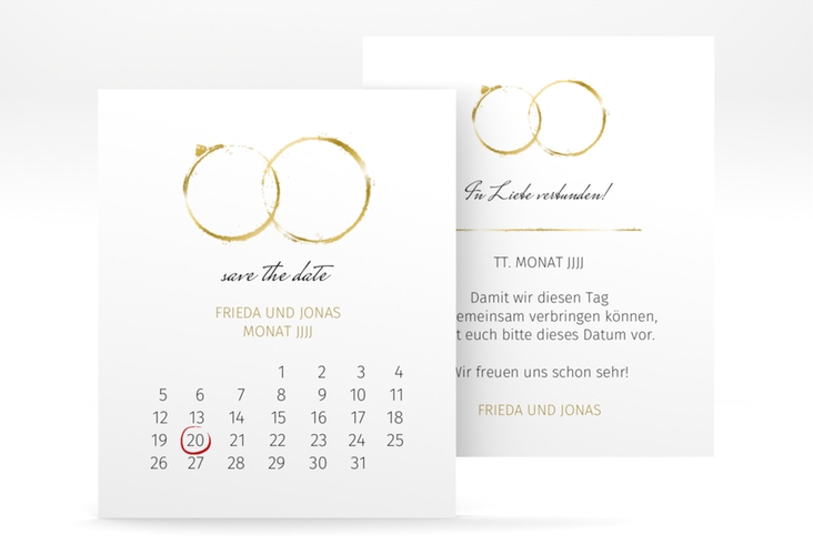 Save the Date-Kalenderblatt Trauringe Kalenderblatt-Karte gold hochglanz minimalistisch gestaltet mit zwei Eheringen