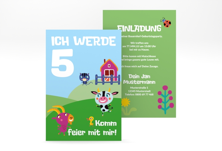 Einladungskarte Kindergeburtstag Bauernhof A6 Karte hoch bunt mit Tieren von der Farm
