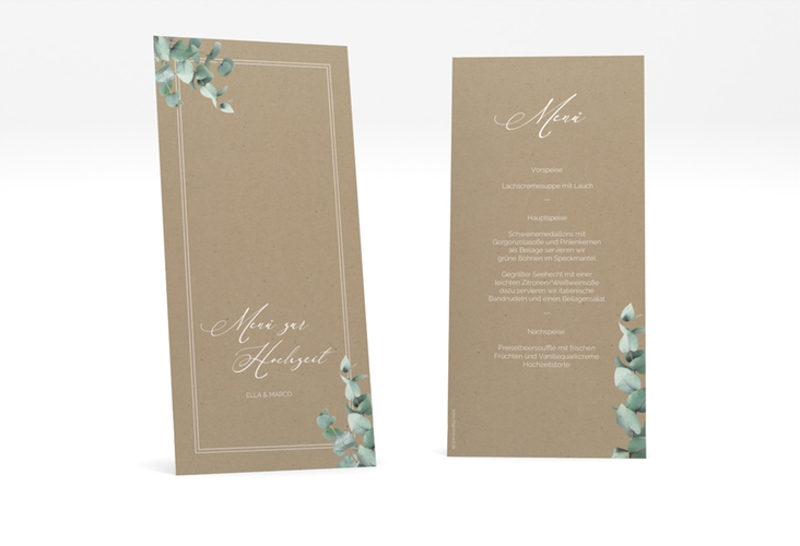 Menükarte Hochzeit Eucalypt lange Karte hoch Kraftpapier hochglanz mit Eukalyptus und edlem Rahmen