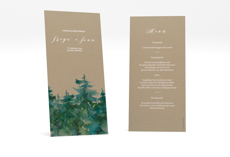 Menükarte Hochzeit Evergreen lange Karte hoch Kraftpapier hochglanz