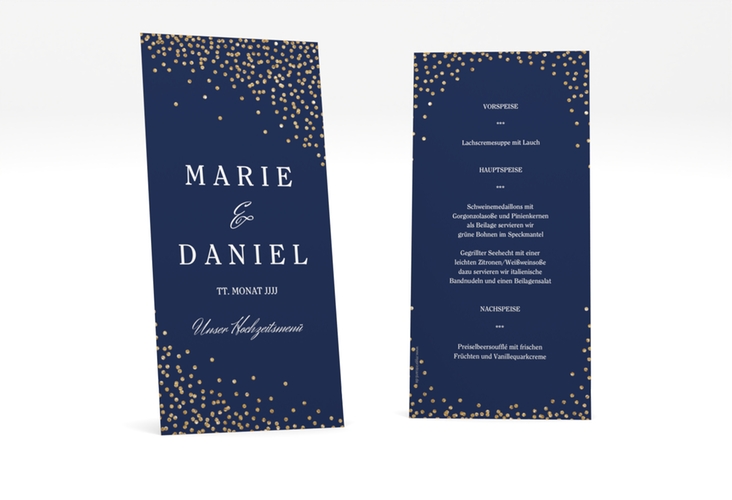 Menükarte Hochzeit Glitter lange Karte hoch blau hochglanz